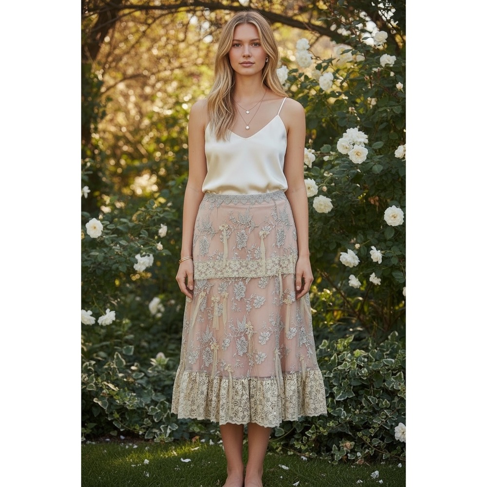 Hazel Midi Skirt Small Etheral Floral Lace Feminine Fairy Bow Regency Romantic